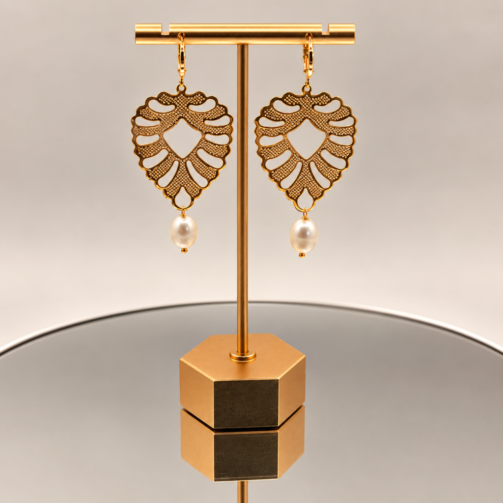 Golden Leaf Pearl Earrings