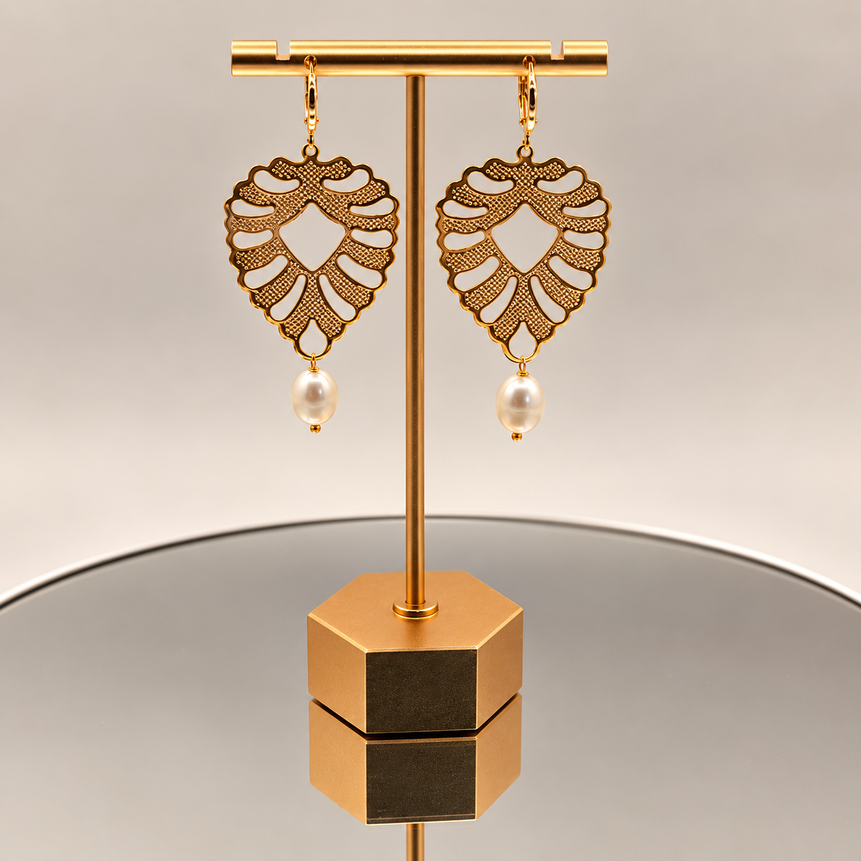 Golden Leaf Pearl Earrings