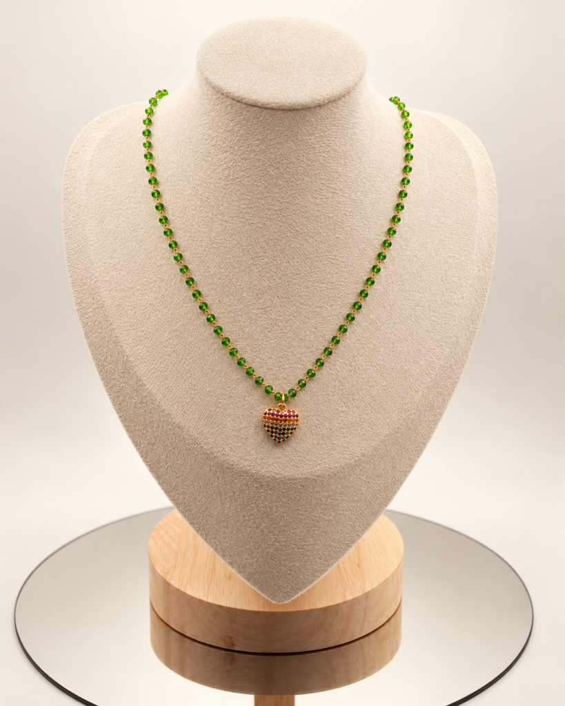 Green Crystal & Pavé Heart Necklace
